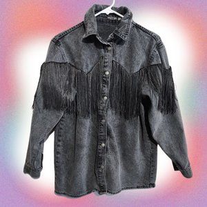 Nasty Gal Space Cowgirl Western Oversized Fringe Denim Jacket